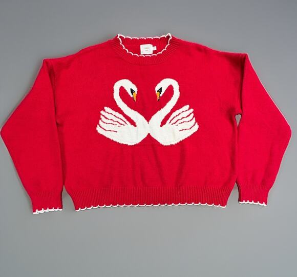 Luna Ivy Sweaters - Luna Ivy Red Swan Knit Crop 'ish' Sweater Scalloped Trim Women Size Medium
